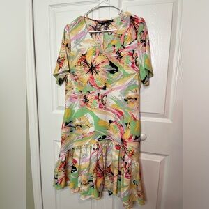 Tolani Collection Women Dress Sz SmallV-Neck Printed Ruffle Pink Flounce Pockets